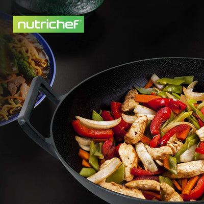 NutriChef Pre Seasoned Cooking Wok Cast Iron Stir Fry Pan with Wooden Lid, Black - VMInnovations