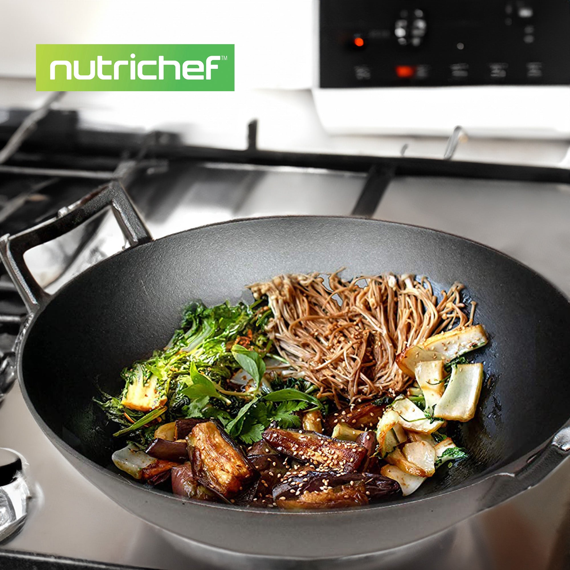 NutriChef Pre Seasoned Cooking Wok Cast Iron Stir Fry Pan with Wooden Lid, Black - VMInnovations