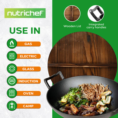 NutriChef Cooking Wok Cast Iron Stir Fry Pan with Wooden Lid, Black (Open Box)