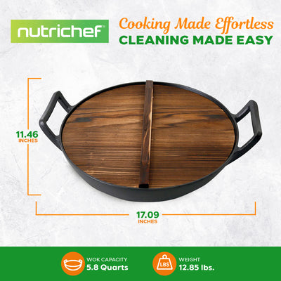 NutriChef Cooking Wok Cast Iron Stir Fry Pan with Wooden Lid, Black (Open Box)