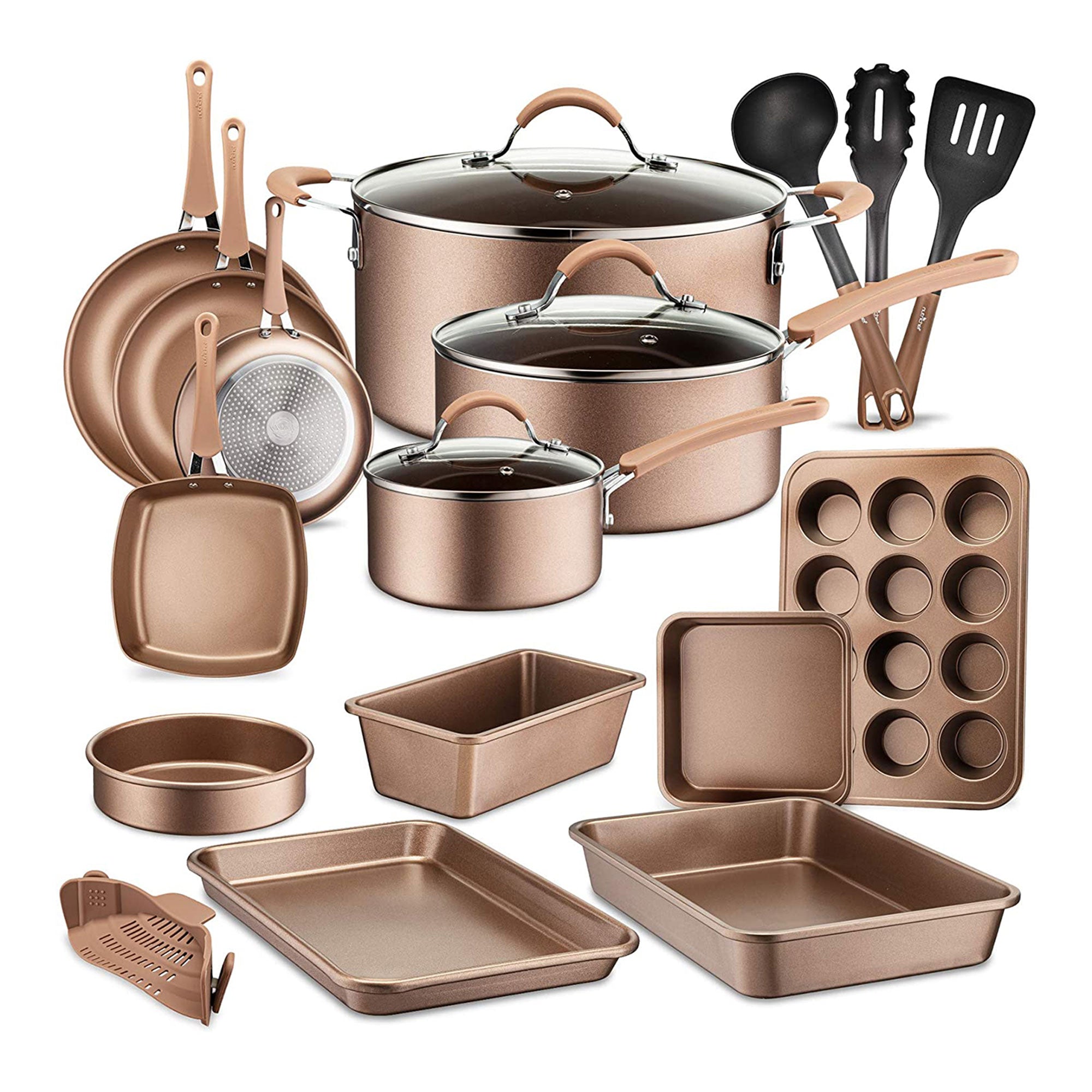 NutriChef 20 Piece Nonstick Kitchen Cookware Pots & Pans Set, Bronze (2 Pack) - VMInnovations