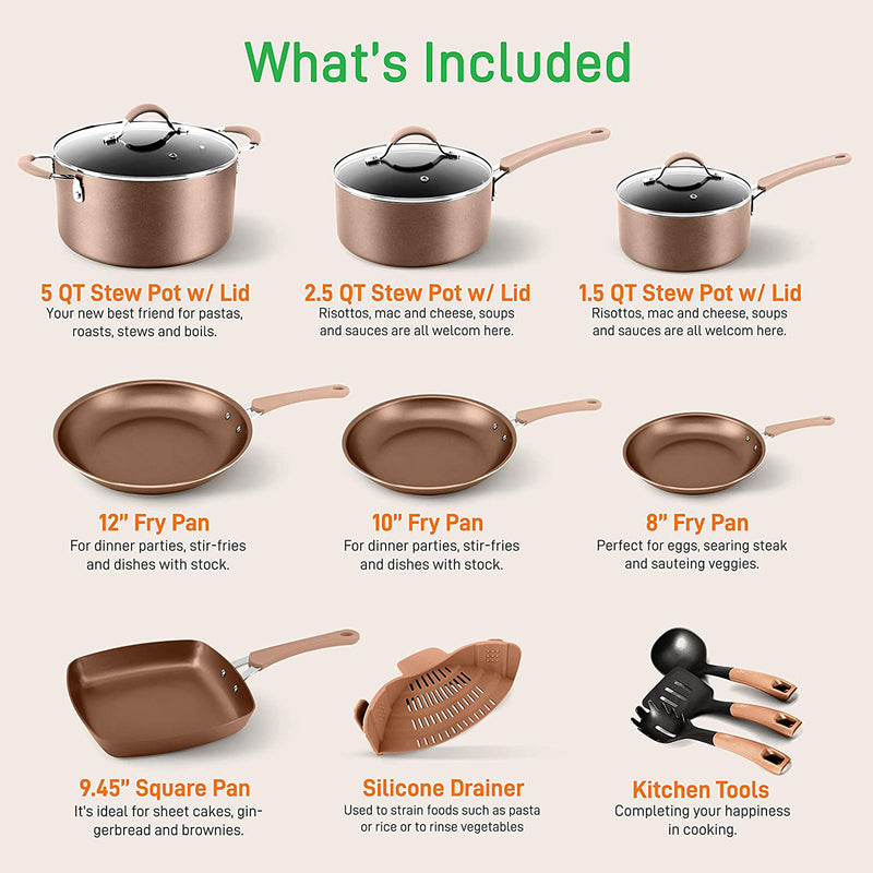 NutriChef Nonstick Cooking Cookware Pots and Pans, 20 Piece Set, Bronze (Used)