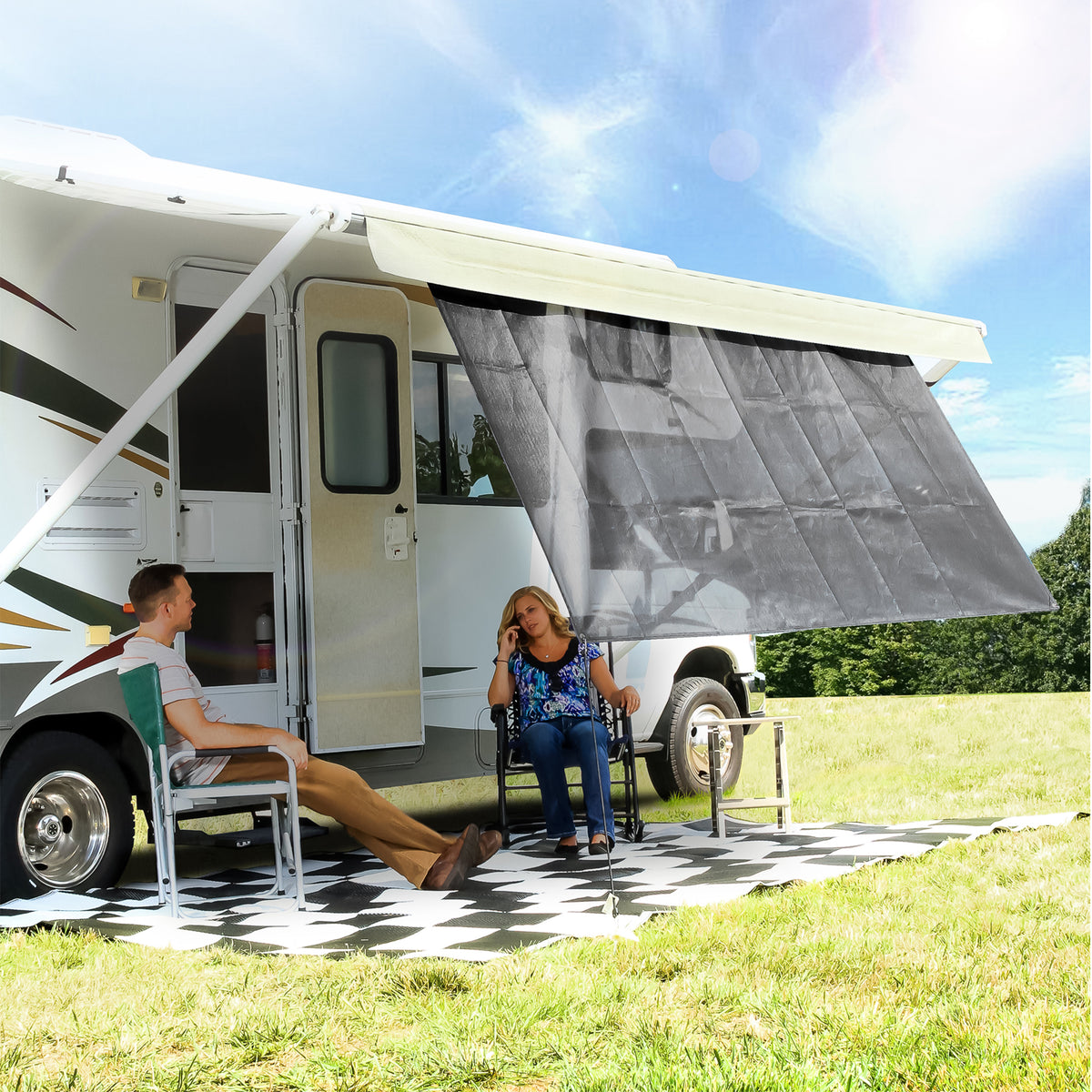 Camco 15 Foot Front Sun Block Panel Awning Screen for RV Camper Shade, Black