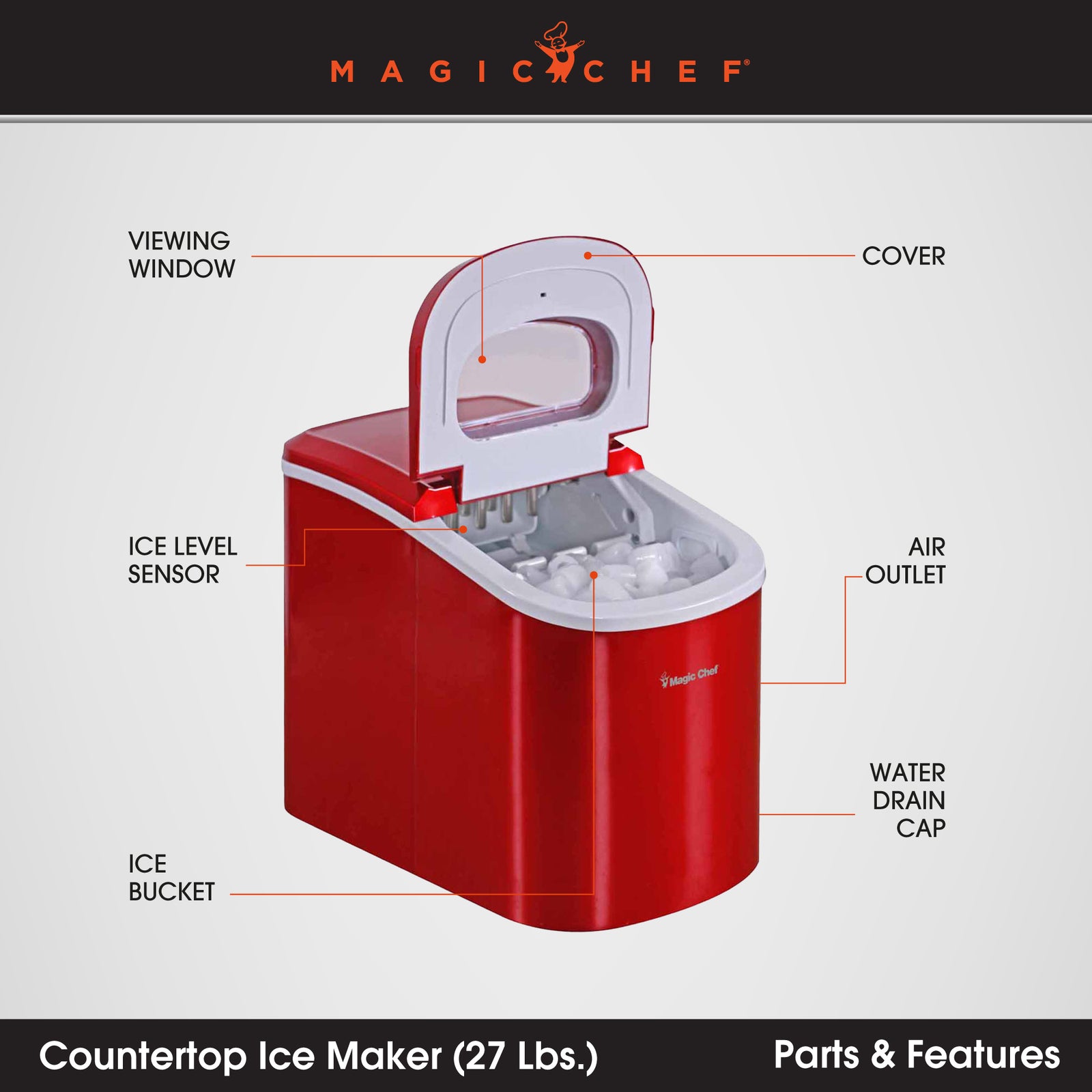 Magic Chef MCIM22R Portable Countertop 27lb Ice Maker Machine, Stainless Steel - VMInnovations