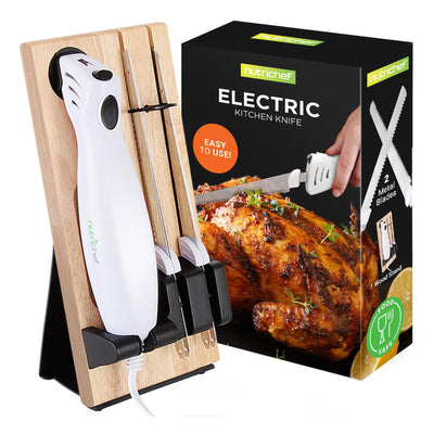 NutriChef 2 Blade Serrated Electric Knife w/ Butcher Block Storage Tray (Used) - VMInnovations