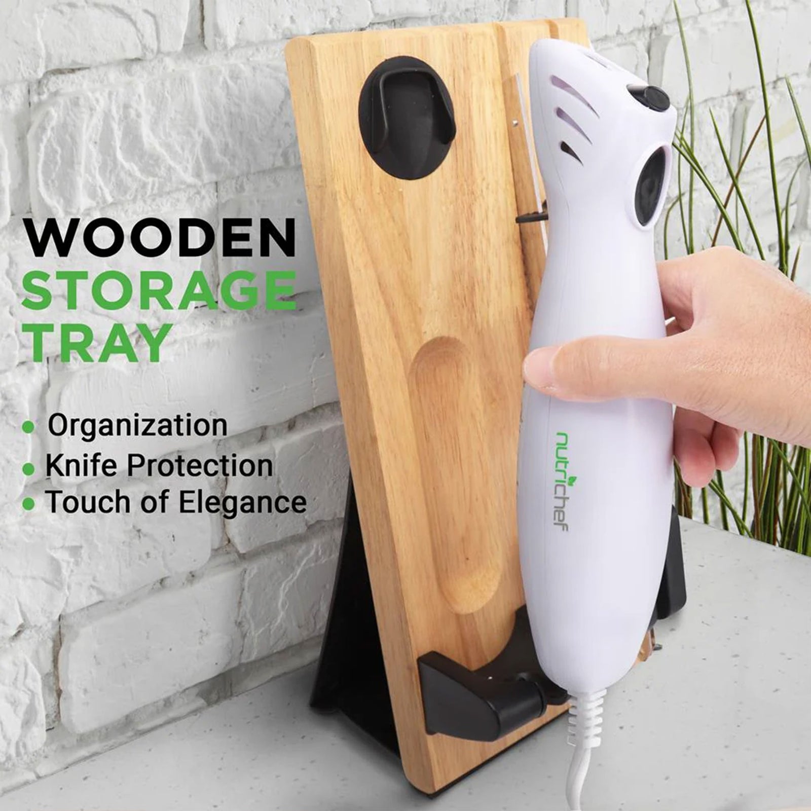 NutriChef 2 Blade Serrated Electric Kitchen Knife w/ Butcher Block Storage Tray - VMInnovations