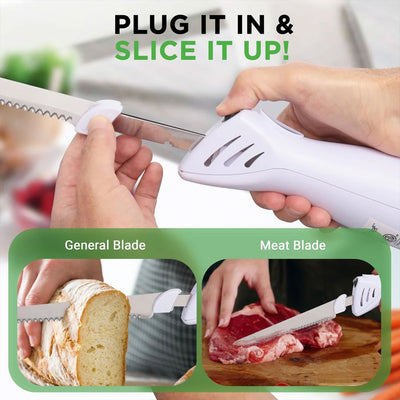 NutriChef 2 Blade Serrated Electric Knife w/ Butcher Block Storage Tray (Used) - VMInnovations