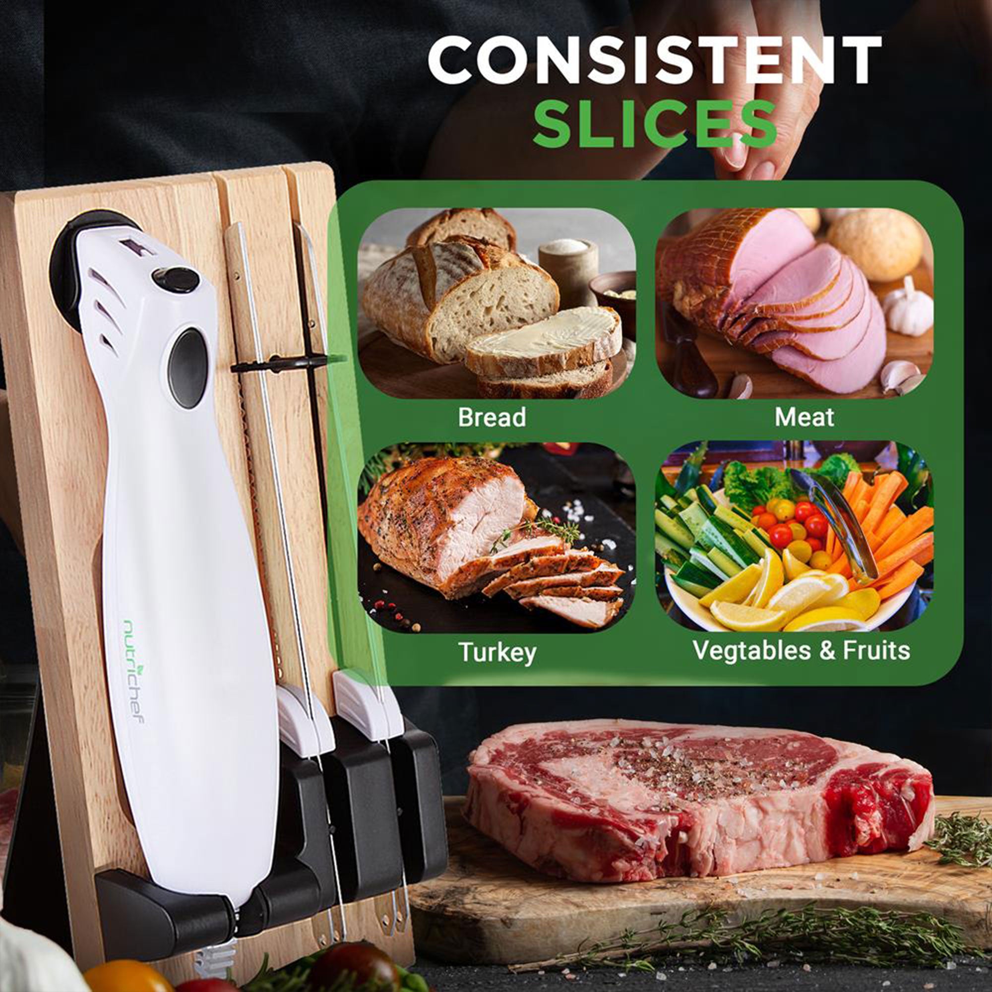 NutriChef 2 Blade Serrated Electric Knife w/ Butcher Block Storage Tray (Used) - VMInnovations