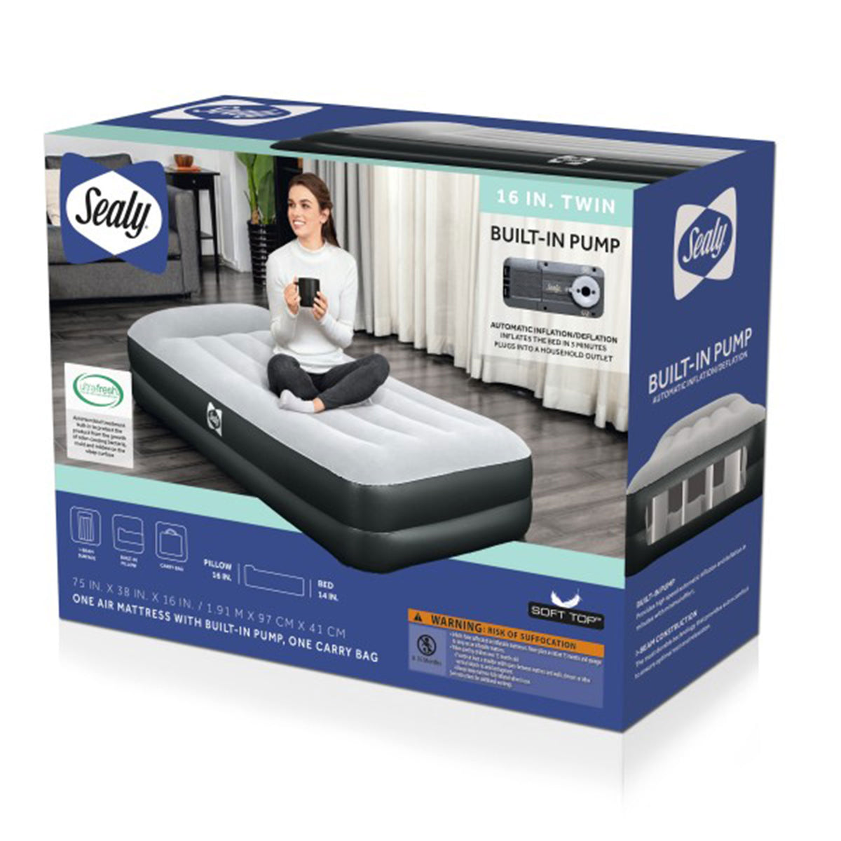 Sealy 94051E-BW 16 Inch Inflatable Mattress Twin Airbed w/ Built-In AC Air Pump (Refurbished)