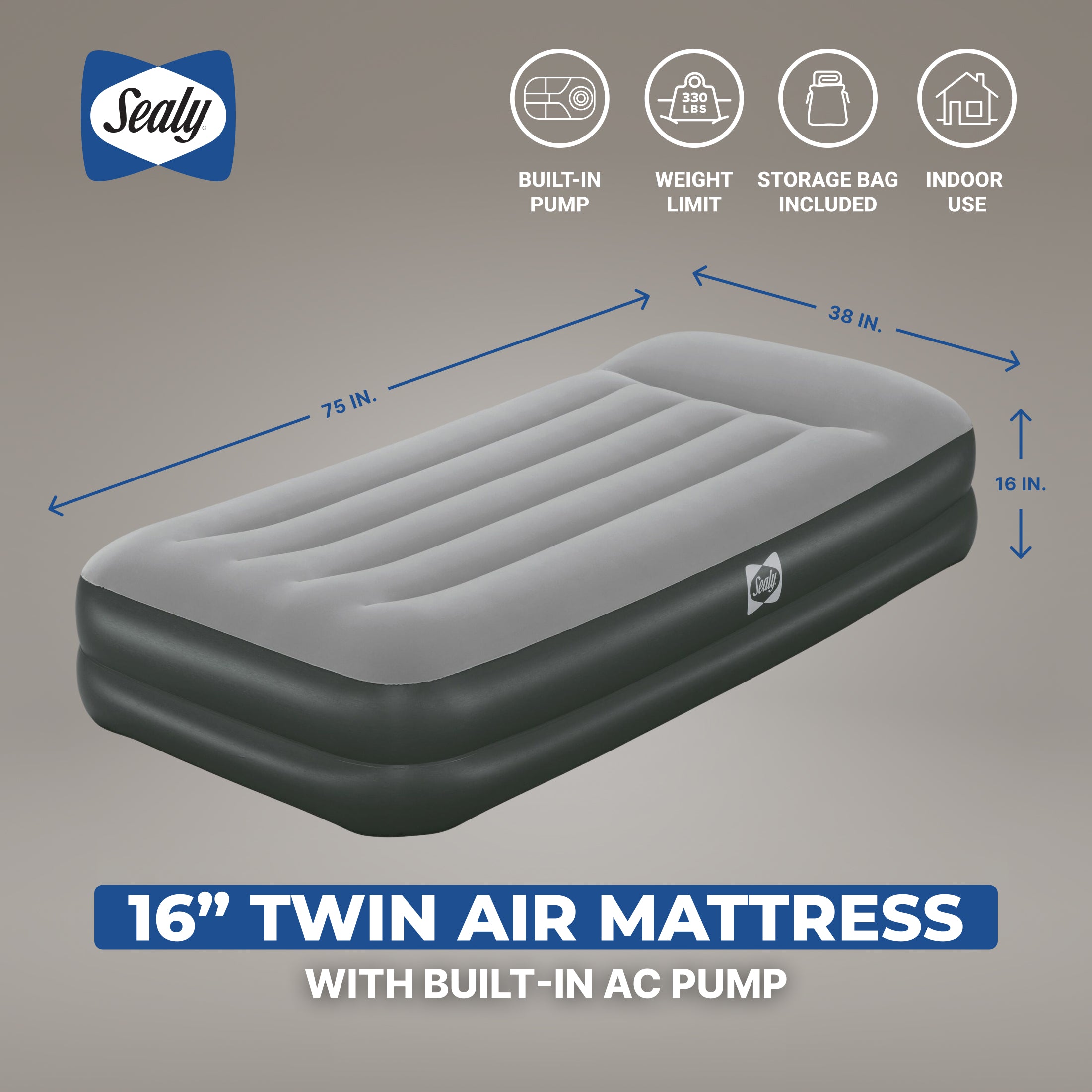 Sealy Tritech Twin Sized 16" Air Mattress Bed 2 Person w/Built-In AC Pump & Bag