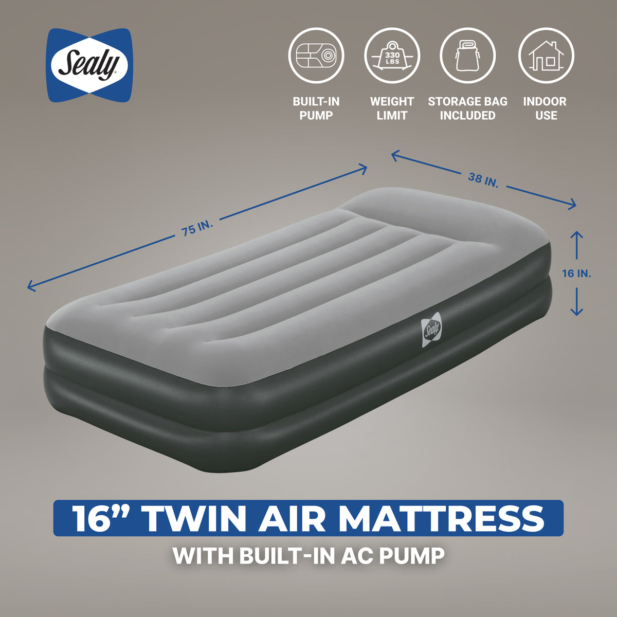 Sealy Tritech 16 Inch Air Mattress Bed 2 Person with Built-In AC Pump, 2 Pack