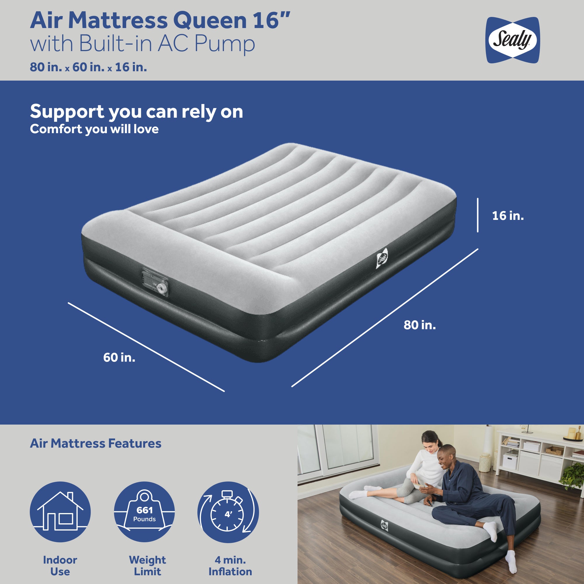 Sealy 16 Inch Inflatable Mattress Queen Airbed w/ Built-In AC Air Pump (Used) - VMInnovations