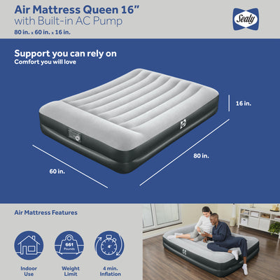 Sealy 16 Inch Inflatable Mattress Queen Airbed w/ Built-In AC Air Pump (Used) - VMInnovations