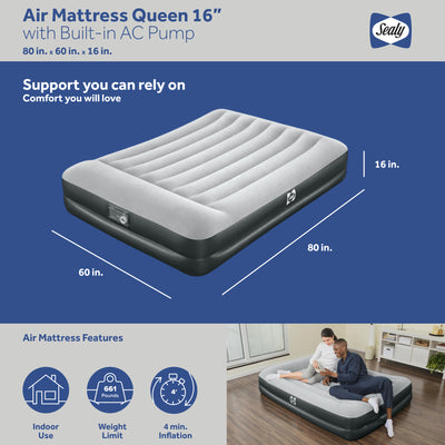 Sealy Tritech Queen Sized 16" Air Mattress Bed 2 Person w/Built-In AC Pump & Bag