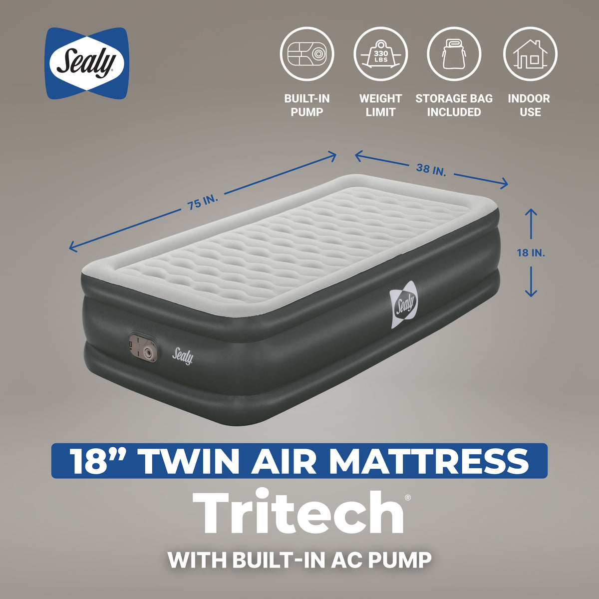 Sealy Tritech Twin Sized 18" Air Mattress Bed 2 Person w/Built-In AC Pump & Bag