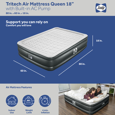 Sealy Tritech 18 Inch Inflatable Mattress Queen Airbed with Air Pump (Open Box)