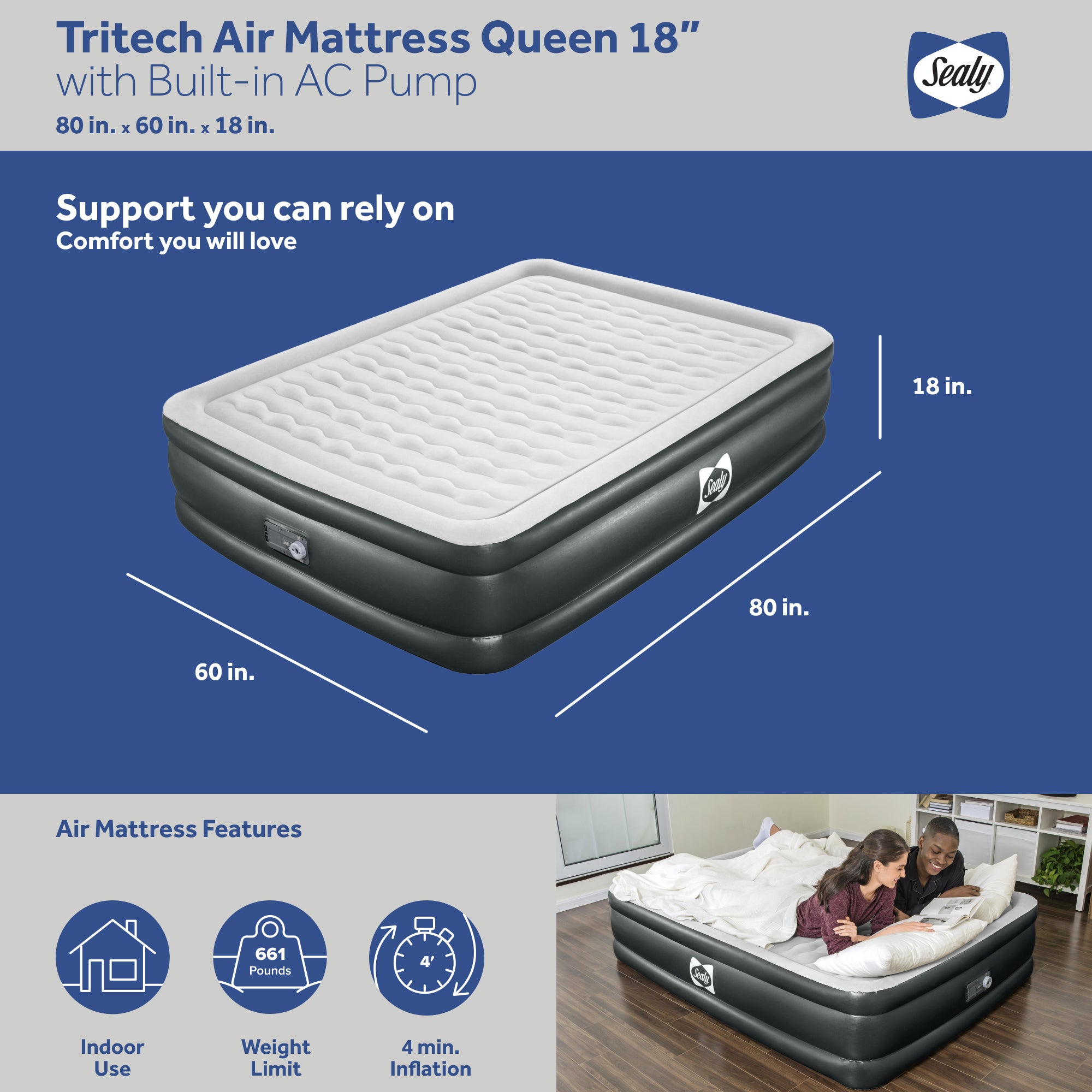 Sealy Tritech 18 Inch Inflatable Mattress Queen Airbed with Air Pump (Open Box) - VMInnovations
