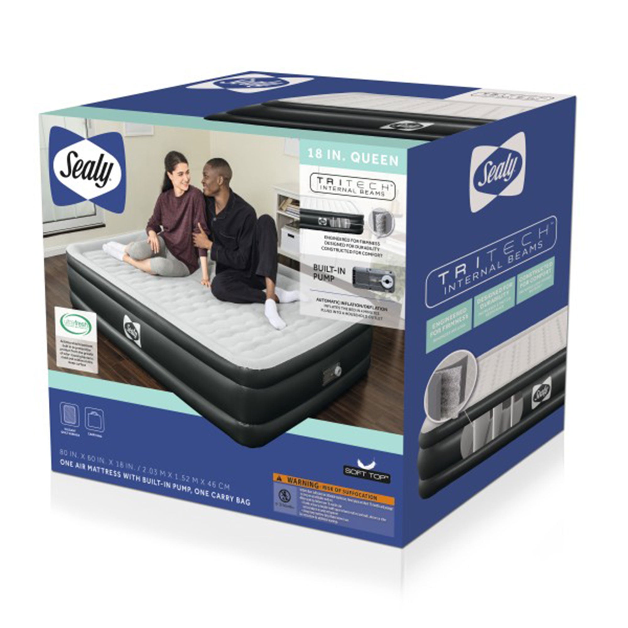 Sealy Tritech 18 Inch Inflatable Mattress Queen Airbed with Air Pump (Open Box) - VMInnovations