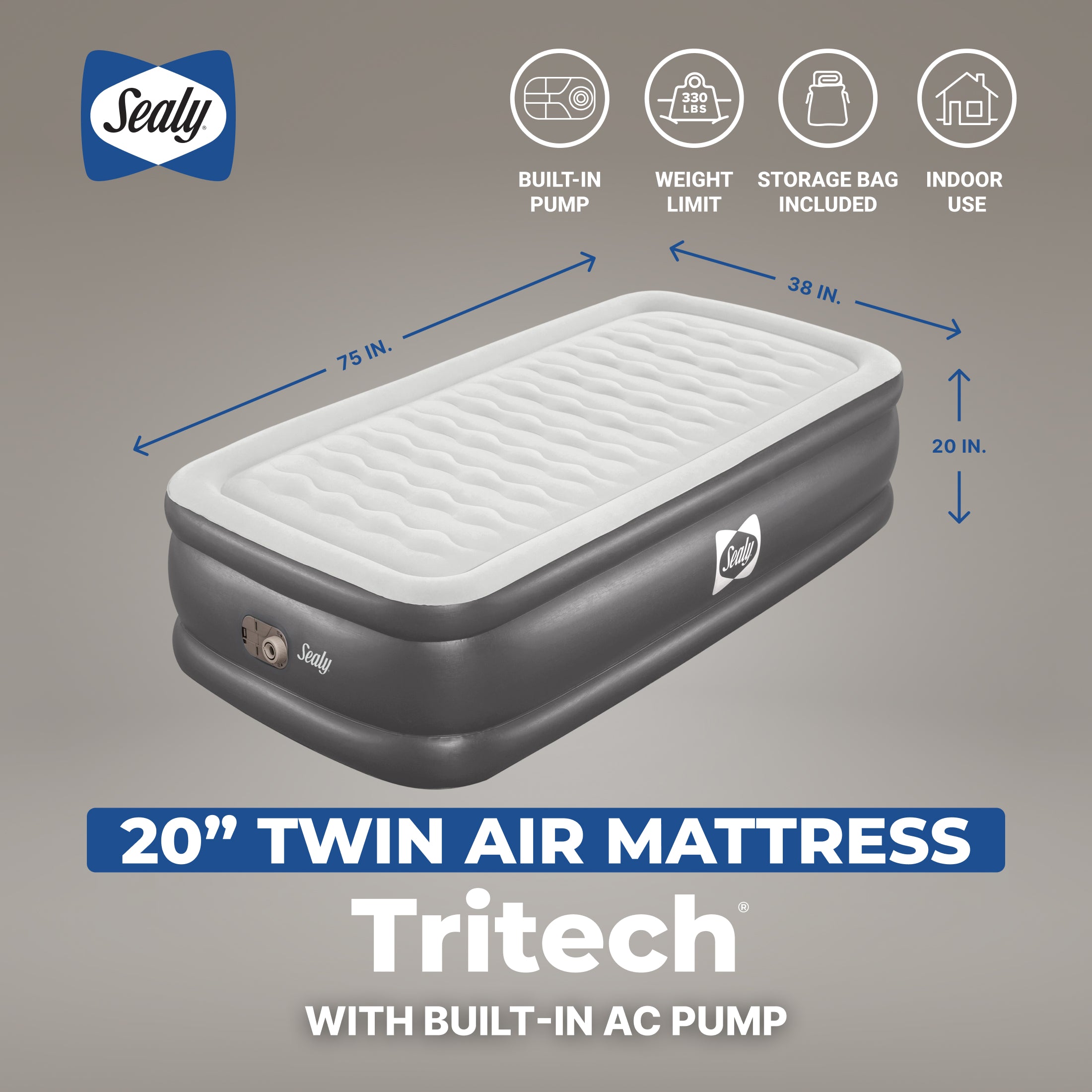 Sealy Tritech 20 Inch Inflatable Mattress Twin Airbed w/ Built-In Pump (Used)