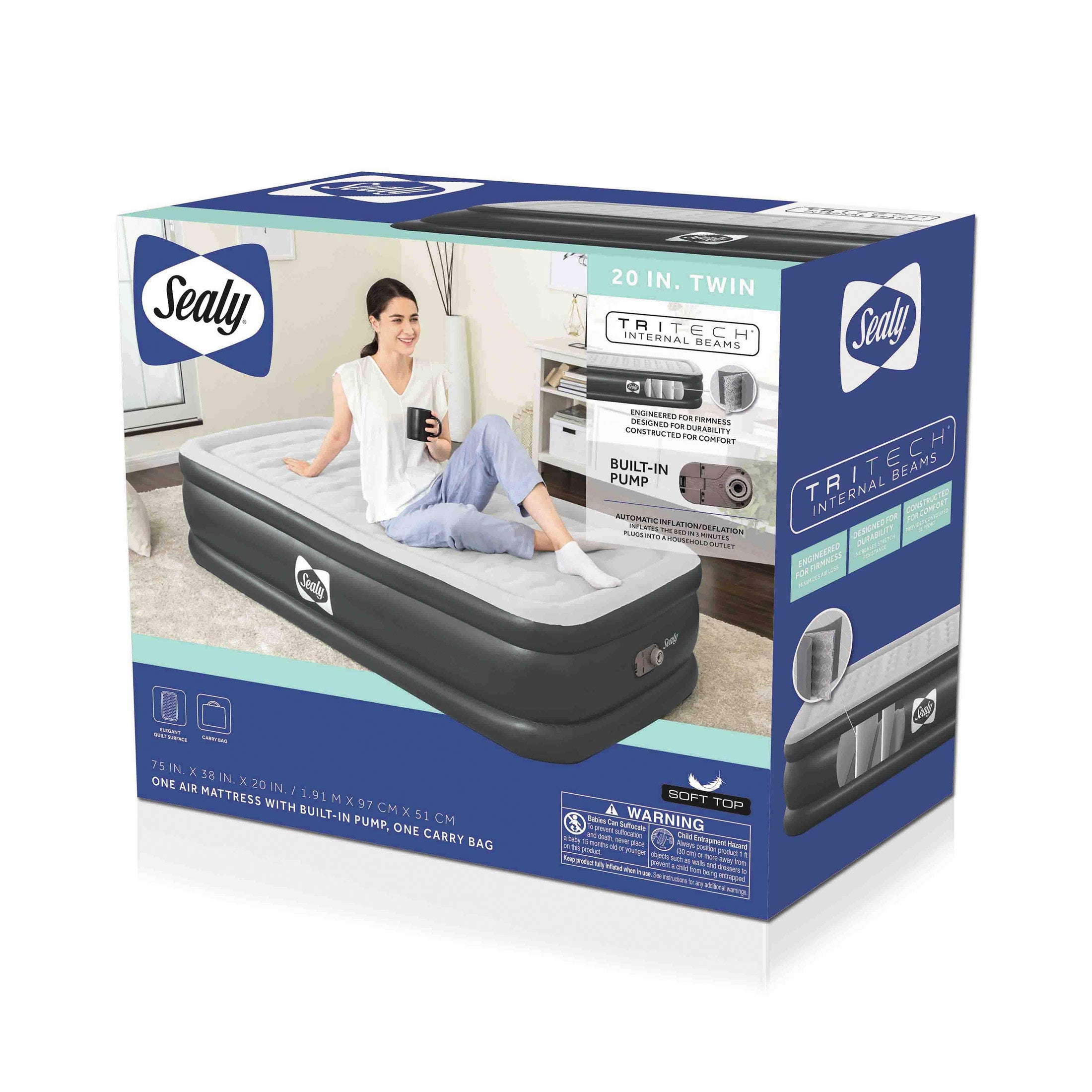 Sealy Tritech 20 Inch Inflatable Mattress Twin Airbed w/ Built-In Pump (Used)