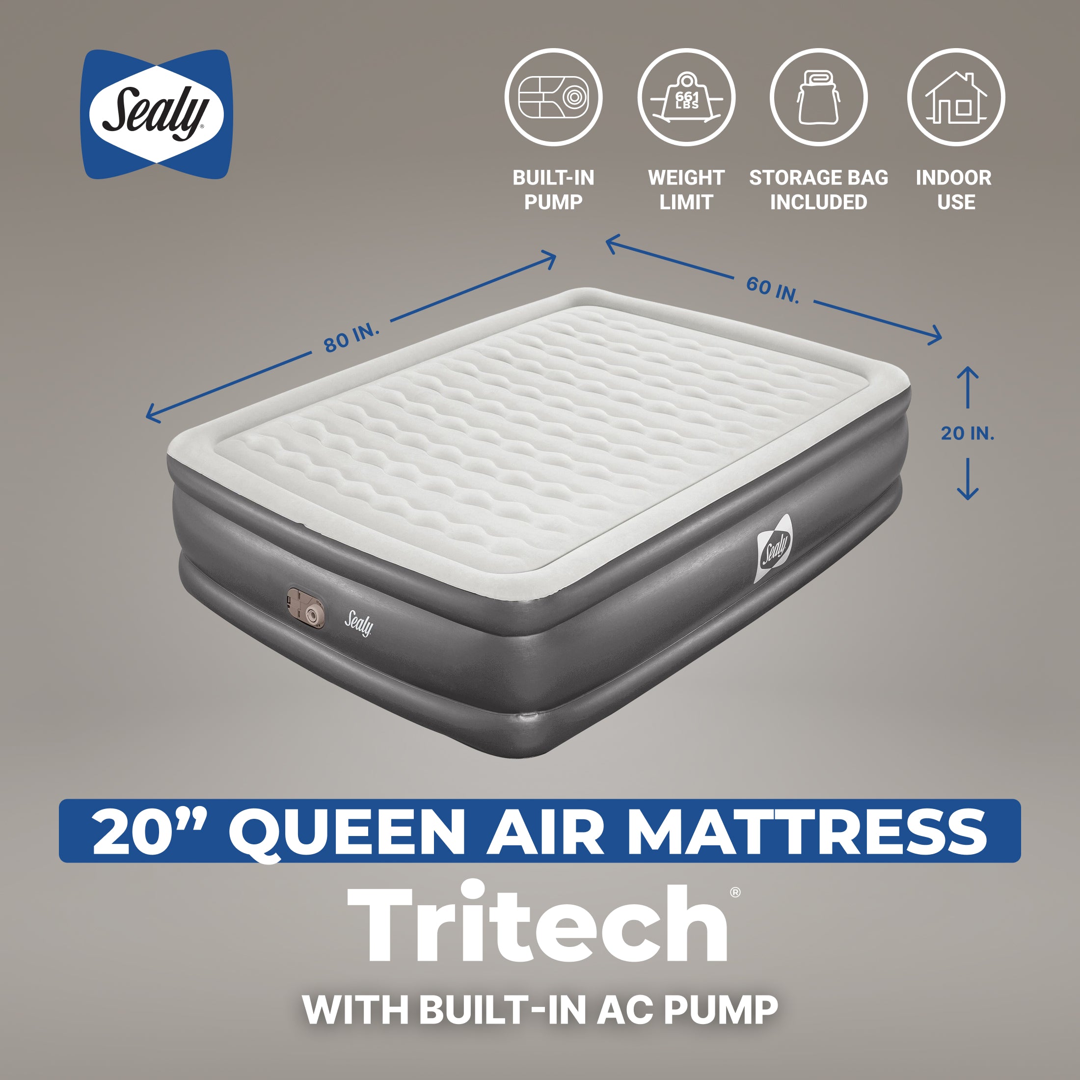 Sealy Tritech 20 Inch Built-In Pump Inflatable Mattress Queen Airbed (Open Box) - VMInnovations