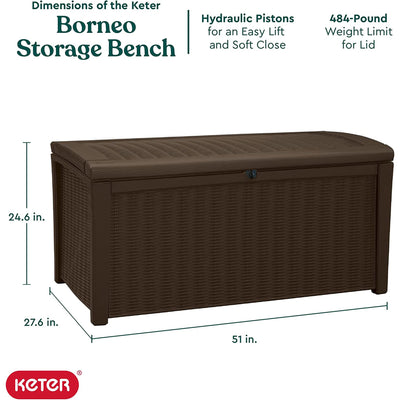 Keter Borneo 110 Gallon Rattan Wicker Resin Patio Deck Storage Box Bench, Brown