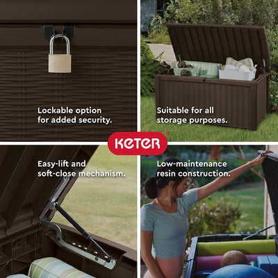 Keter Borneo 110 Gallon Rattan Wicker Resin Patio Deck Storage Box Bench, Brown - VMInnovations