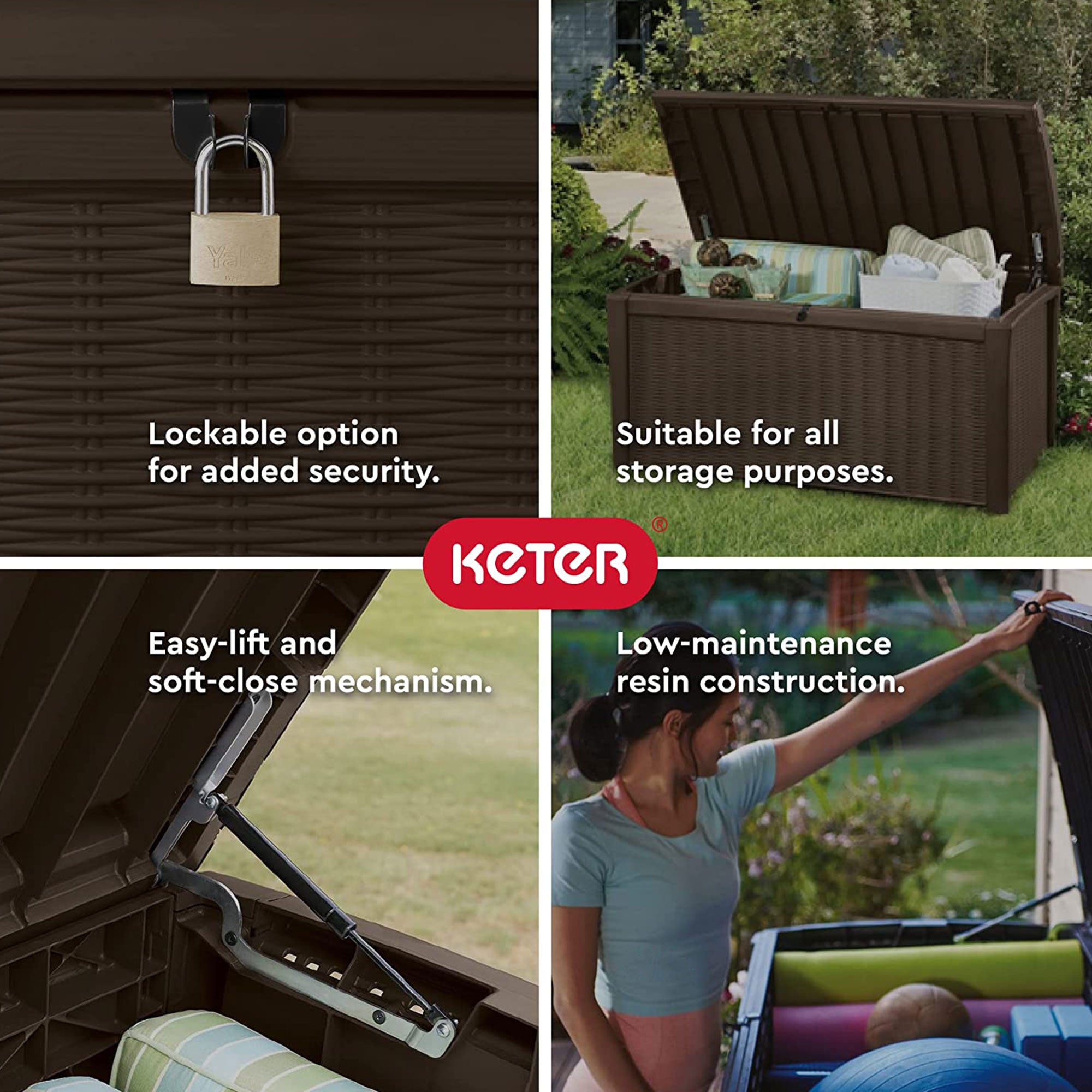 Keter 110Gal Rattan Wicker Resin Patio Deck Storage Box Bench, Brown (Used) - VMInnovations