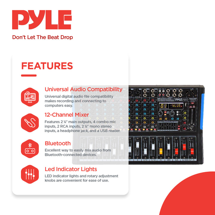 Pyle 12 Channel Bluetooth DJ Studio Audio Sound Board Mixer System (Open Box)