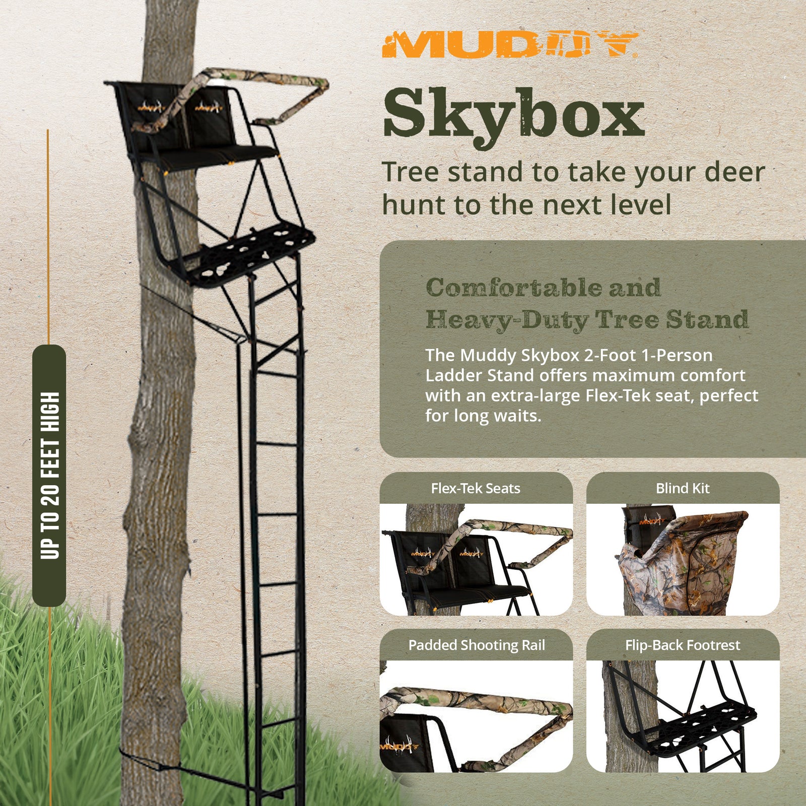 Muddy Skybox 20' Hunting Ladderstand, Climbing Tree Stand w/Blind Kit(For Parts) - VMInnovations