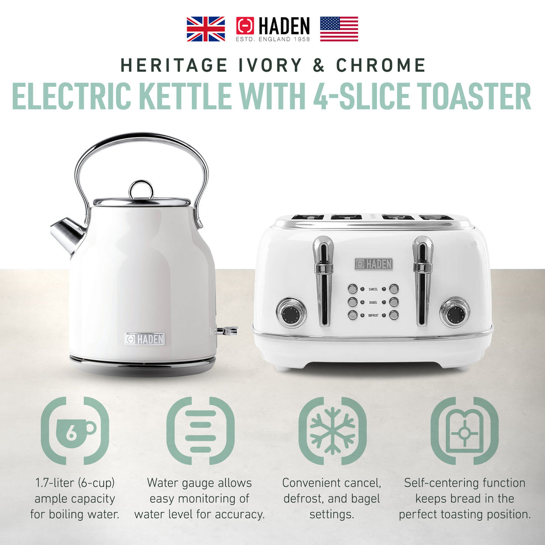 Haden Heritage 1.7 Liter Electric Tea Kettle & 4 Slice Wide Slot Toaster, White