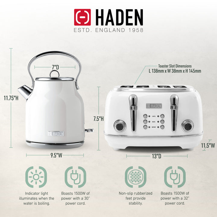 Haden Heritage 1.7 Liter Electric Tea Kettle & 4 Slice Wide Slot Toaster, White