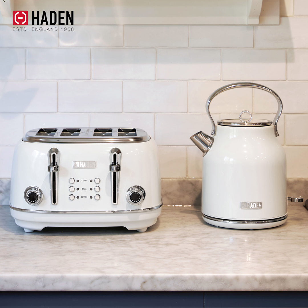 Haden Heritage 1.7 Liter Electric Tea Kettle & 4 Slice Wide Slot Toaster, White