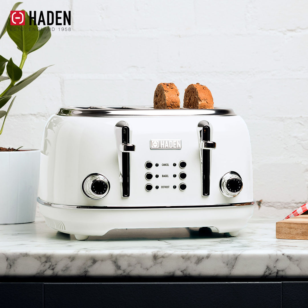 Haden Heritage 1.7 Liter Electric Tea Kettle & 4 Slice Wide Slot Toaster, White