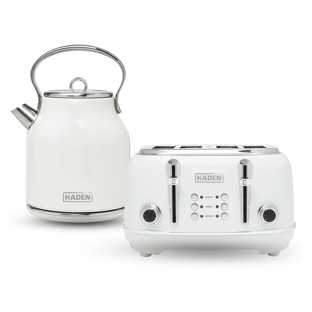 Haden Heritage 1.7 Liter Electric Tea Kettle & 4 Slice Wide Slot Toaster, White