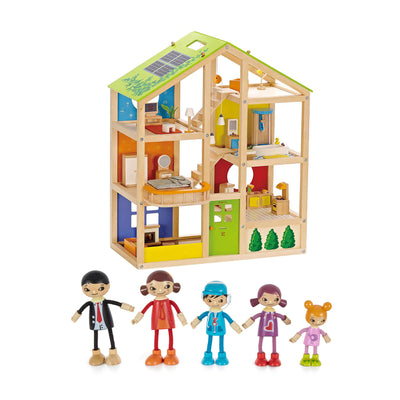 Hape All Season Kids Dollhouse Bundle with Family of 5 Wooden Bendable Doll Set