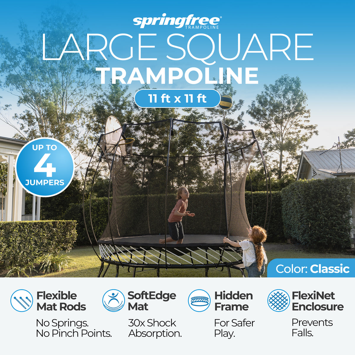 Springfree Large Square Backyard Trampoline With Enclosure and Hidden Frame, 11' - VMInnovations