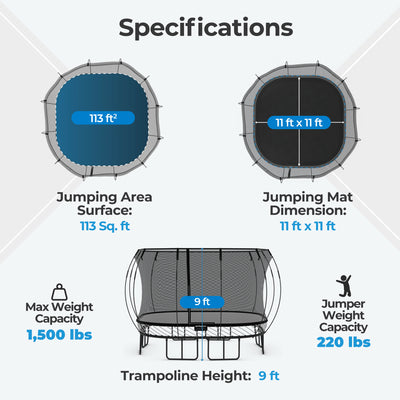 Springfree Large Square Backyard Trampoline With Enclosure and Hidden Frame, 11' - VMInnovations