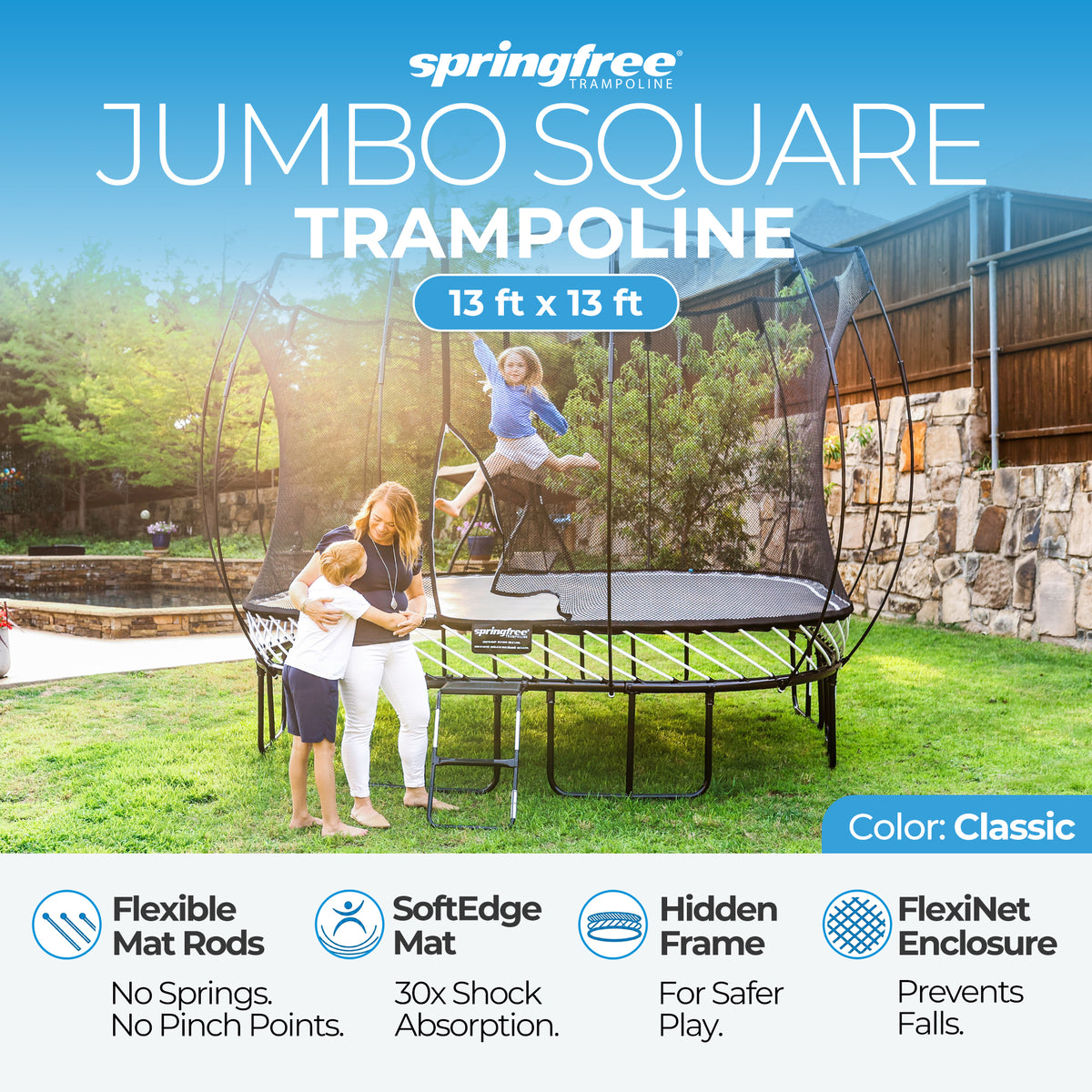 Springfree Trampoline Kids Outdoor Jumbo Square 13 Ft Trampoline with Enclosure
