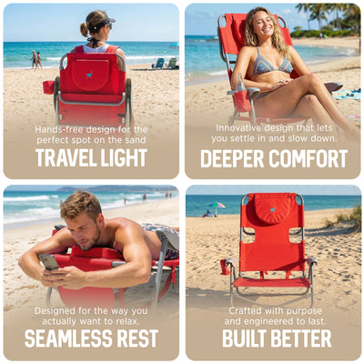 Ostrich The Heavy-Duty Backpacker Portable Reclining Beach Camping Chair, Red - VMInnovations