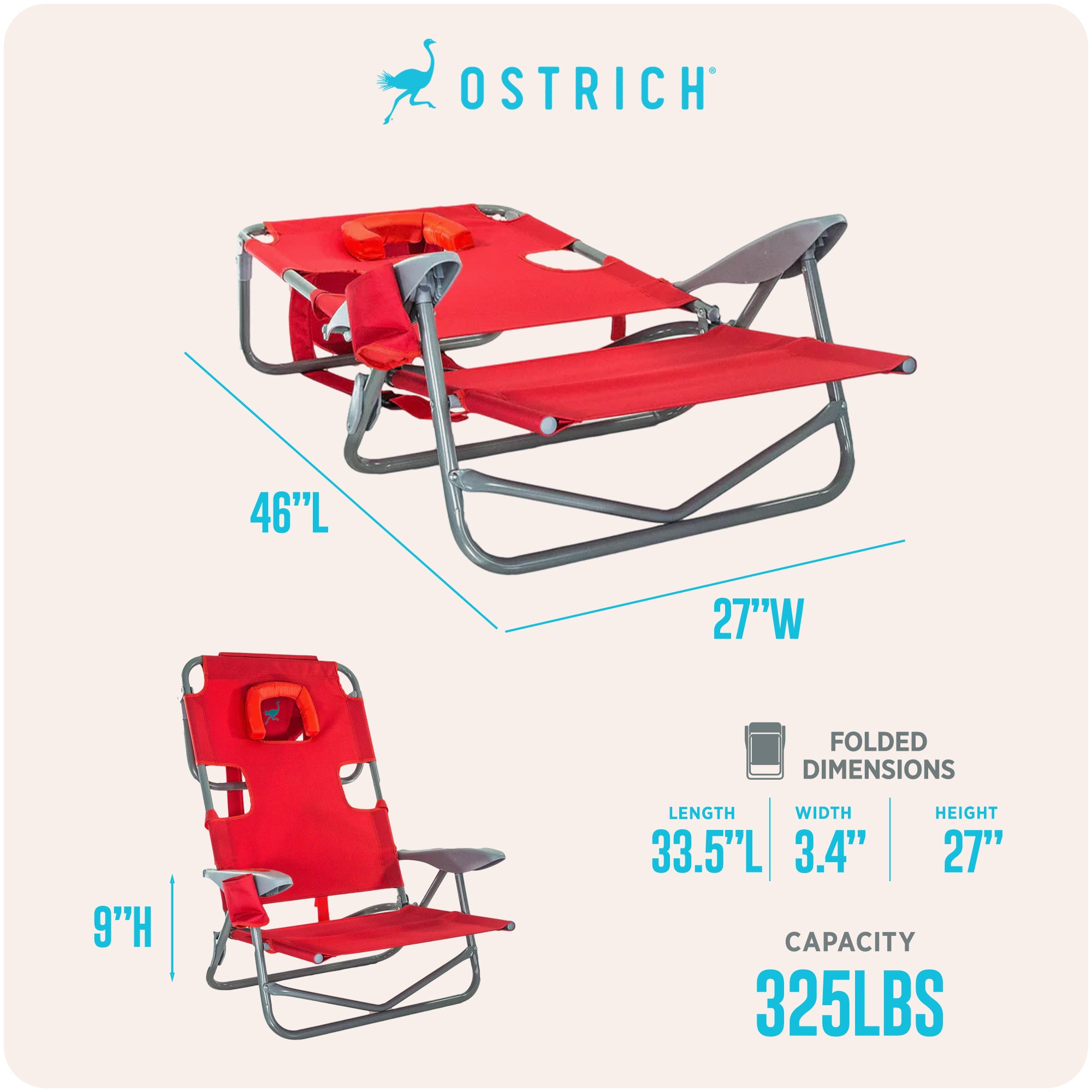 Ostrich On Your Back Folding Reclining Outdoor Camping Lawn Chair, Red(Open Box) - VMInnovations