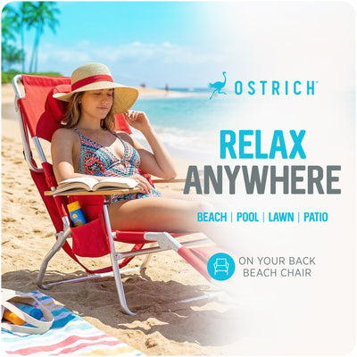Ostrich The Deluxe 3N1 Lightweight Outdoor Beach Lounge Chair w/ Footrest, Red - VMInnovations