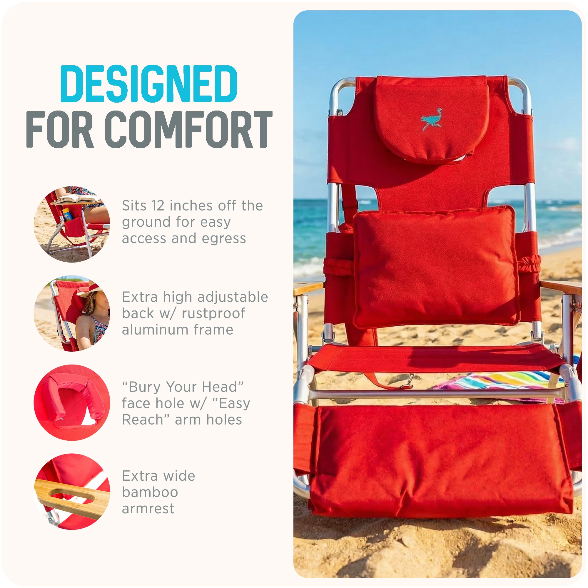Ostrich The Deluxe 3N1 Lightweight Outdoor Beach Lounge Chair w/ Footrest, Red - VMInnovations