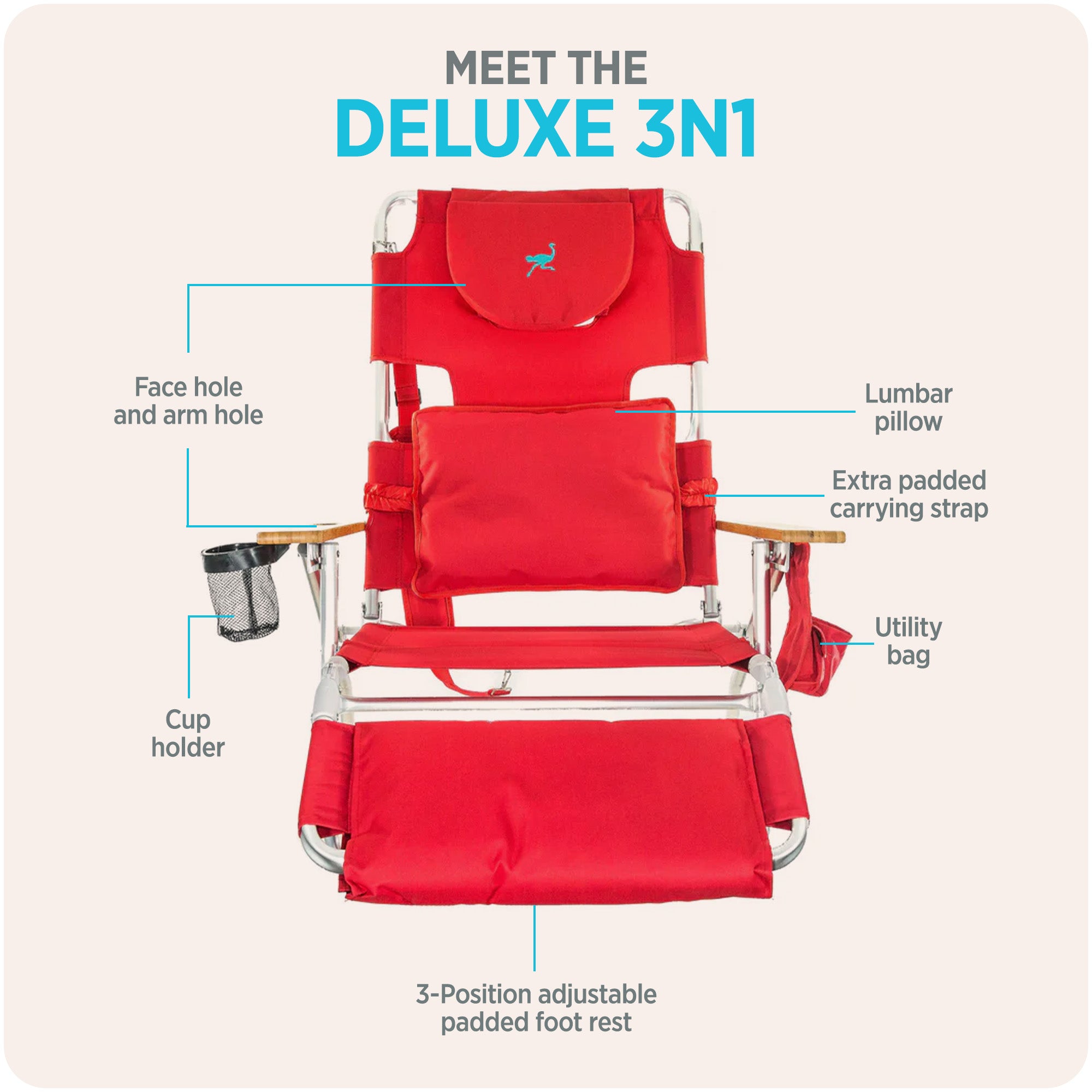 Ostrich Deluxe 3N1 Outdoor Lawn Beach Lounge Chair w/Footrest, Red (Open Box)