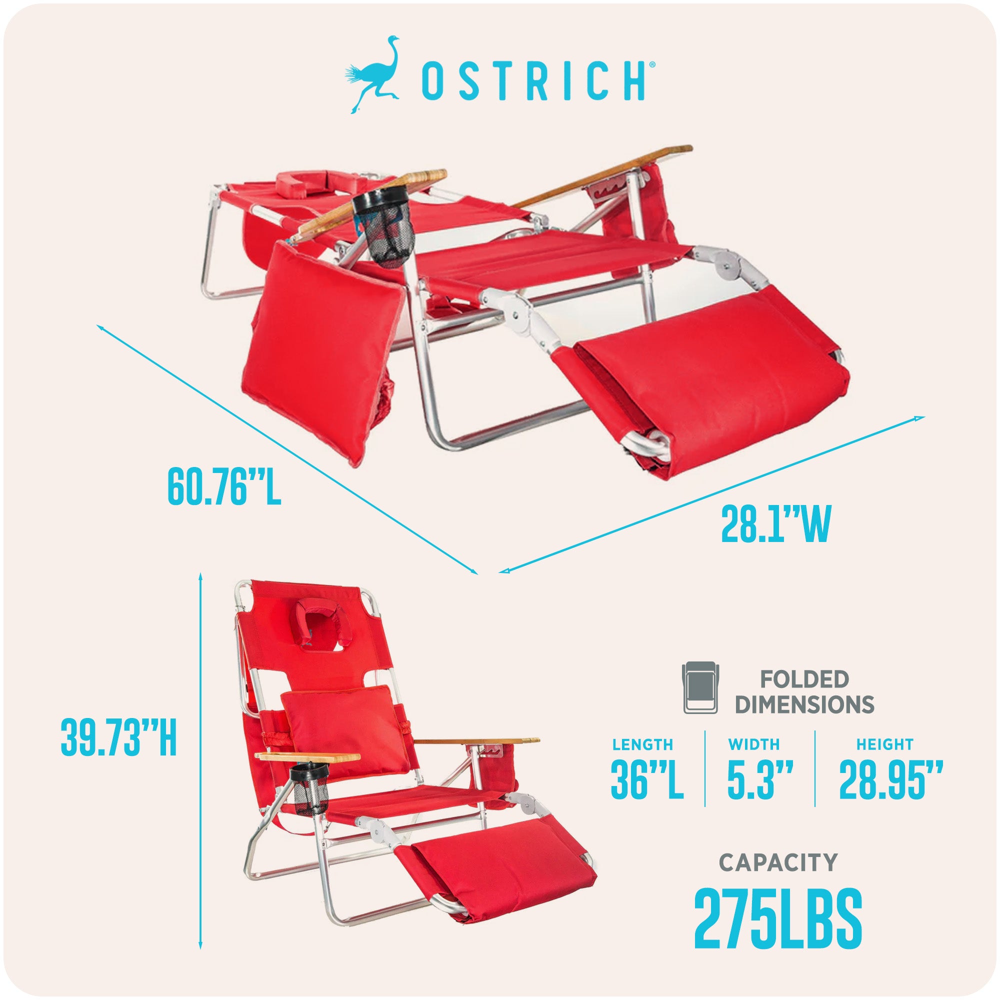 Ostrich The Deluxe 3N1 Lightweight Outdoor Beach Lounge Chair w/ Footrest, Red - VMInnovations