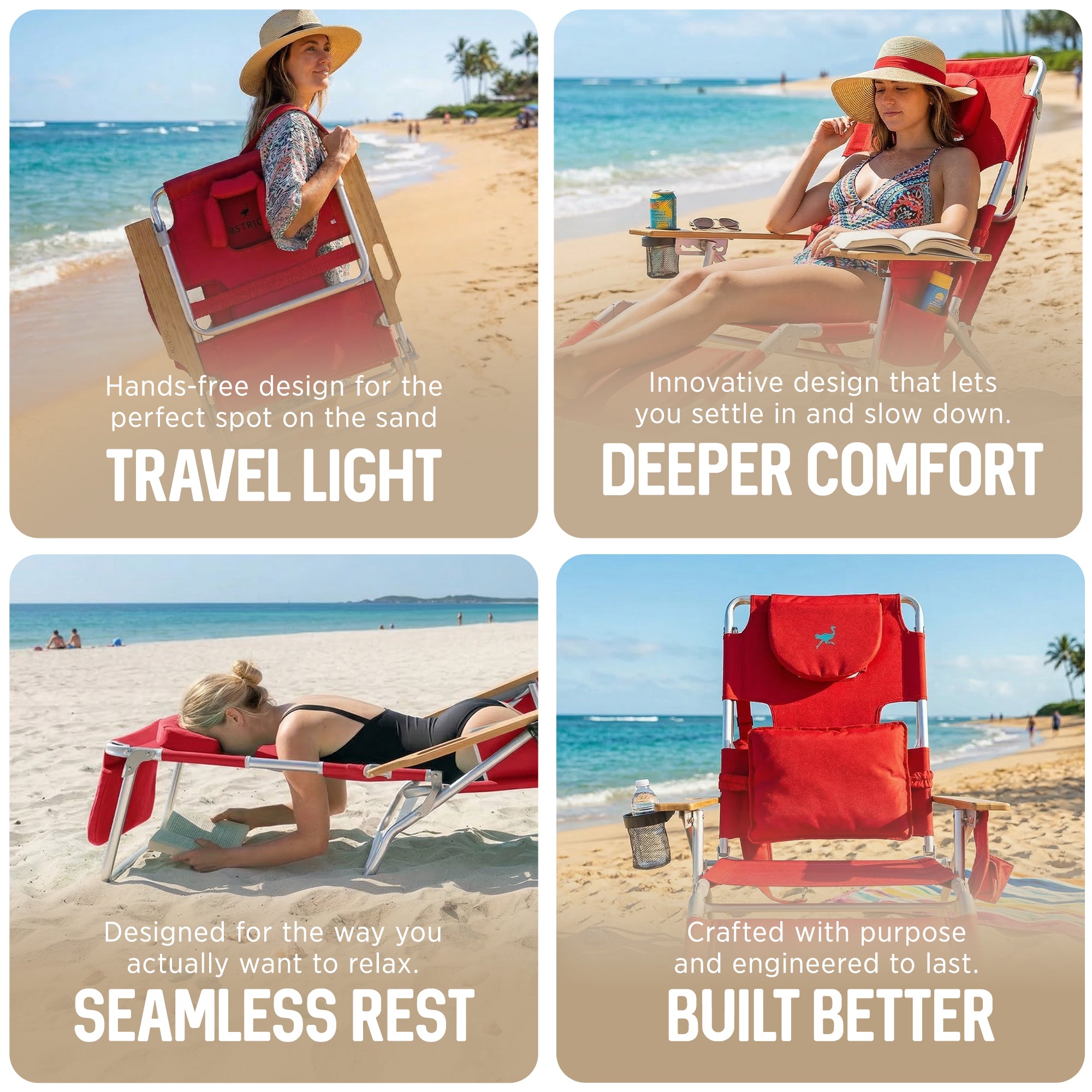 Ostrich The Deluxe 3N1 Lightweight Outdoor Beach Lounge Chair w/ Footrest, Red - VMInnovations