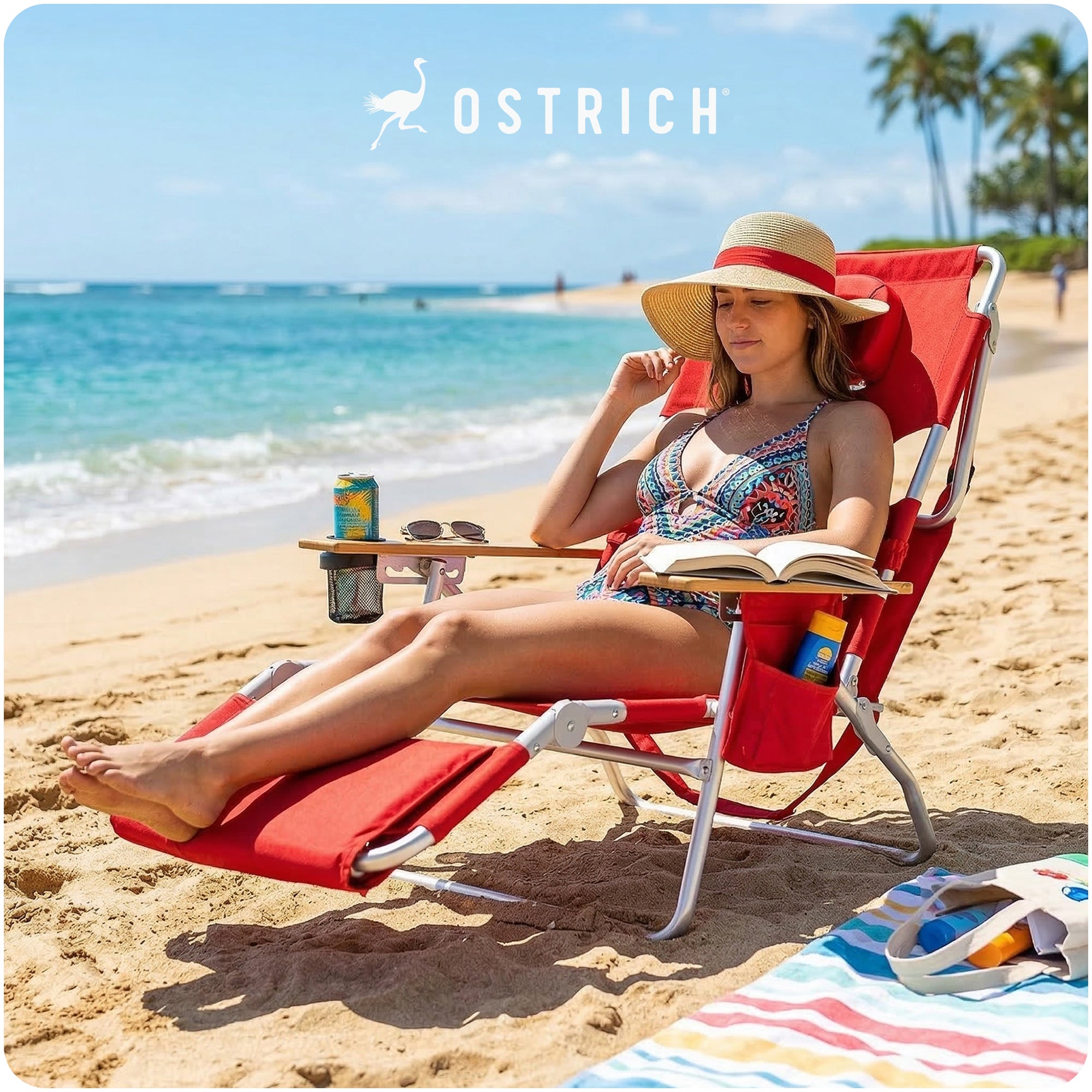 Ostrich The Deluxe 3N1 Lightweight Outdoor Beach Lounge Chair w/ Footrest, Red - VMInnovations