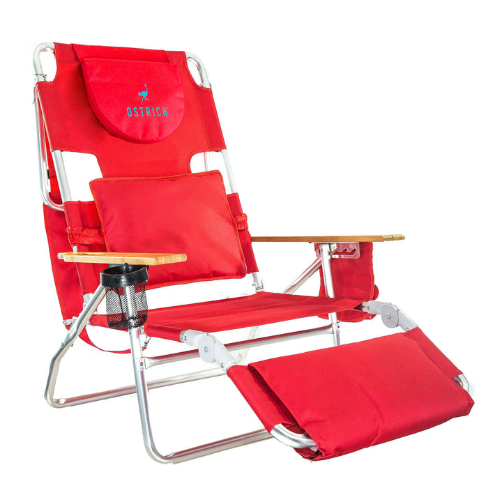 Ostrich Deluxe 3N1 Lightweight Outdoor Lawn Beach Lounge Chair w/Footrest, Red