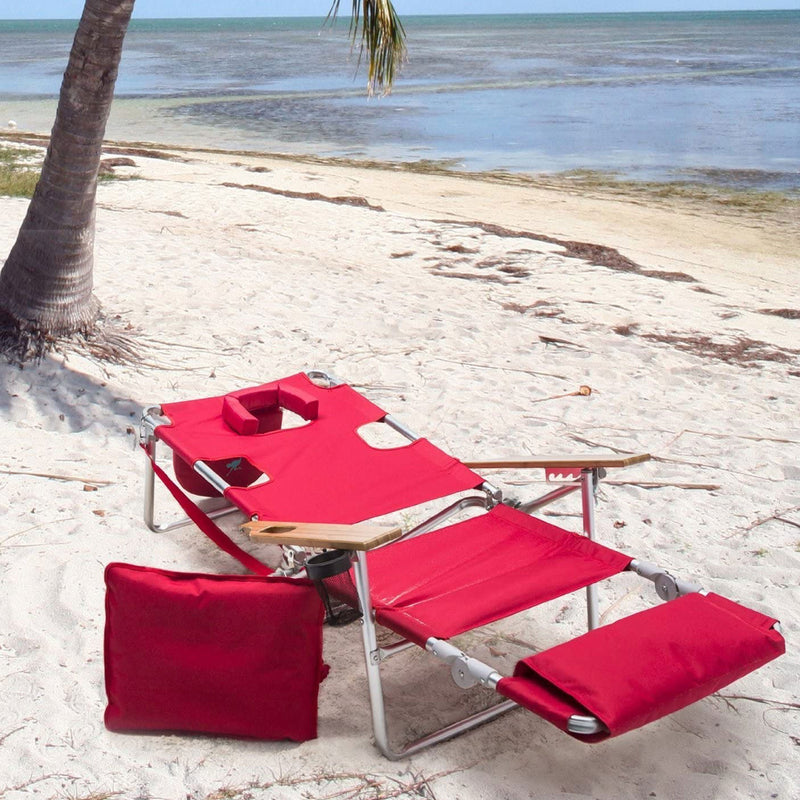 Ostrich Deluxe 3N1 Lightweight Outdoor Lawn Beach Lounge Chair w/Footrest, Red