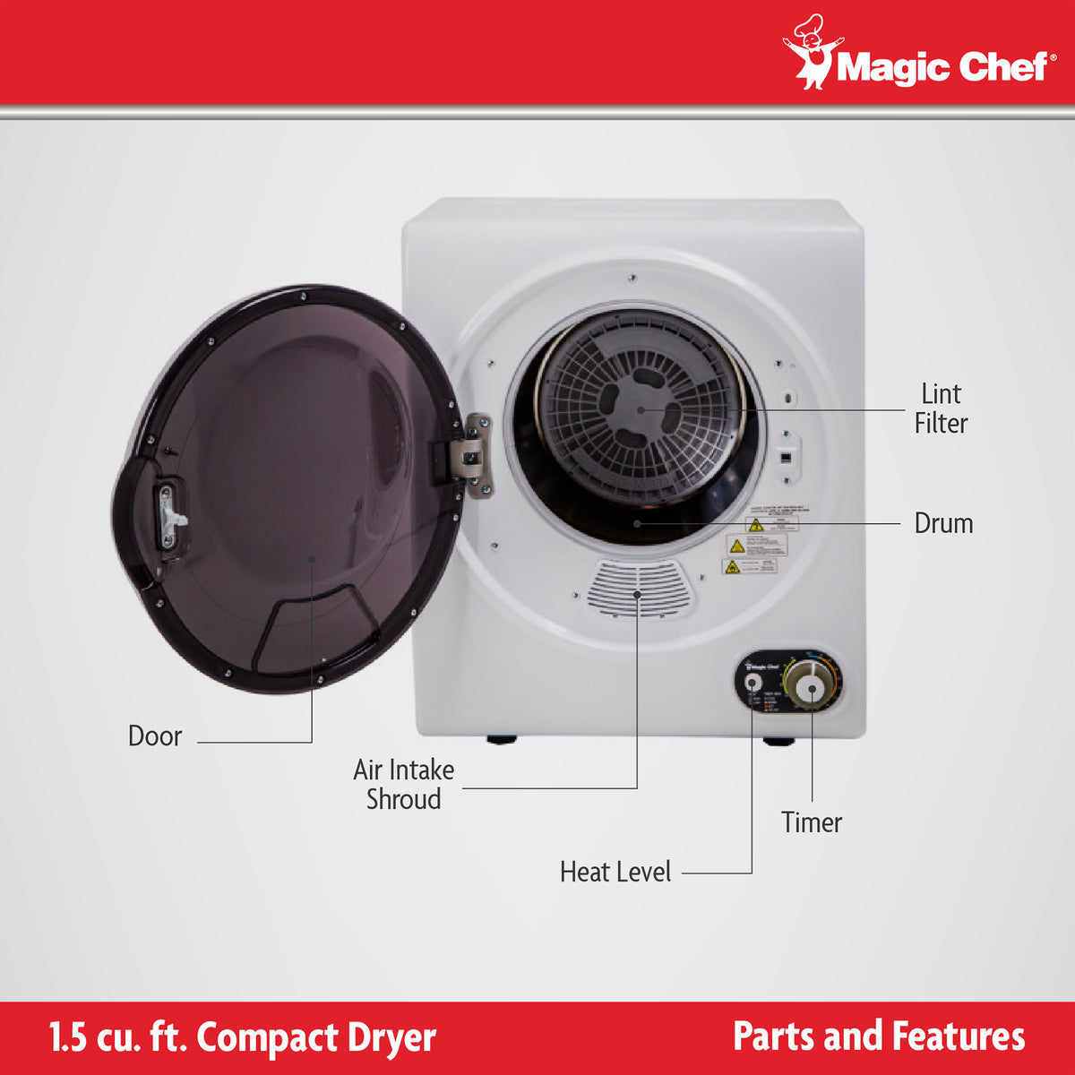 Magic Chef 1.5 Cubic Feet Compact Home Laundry Dryer Machine, White (Damaged)
